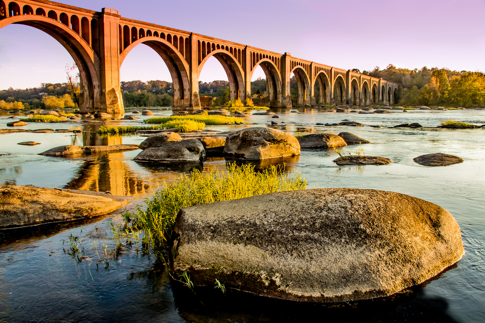 a close up of the bridge into richmond. With it's beautiful arches and columns down into the river, at dusk!