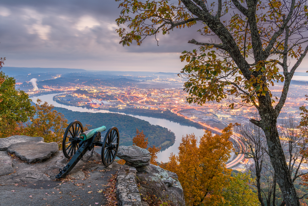View over Chattanooga with a cannon in the foreground. 