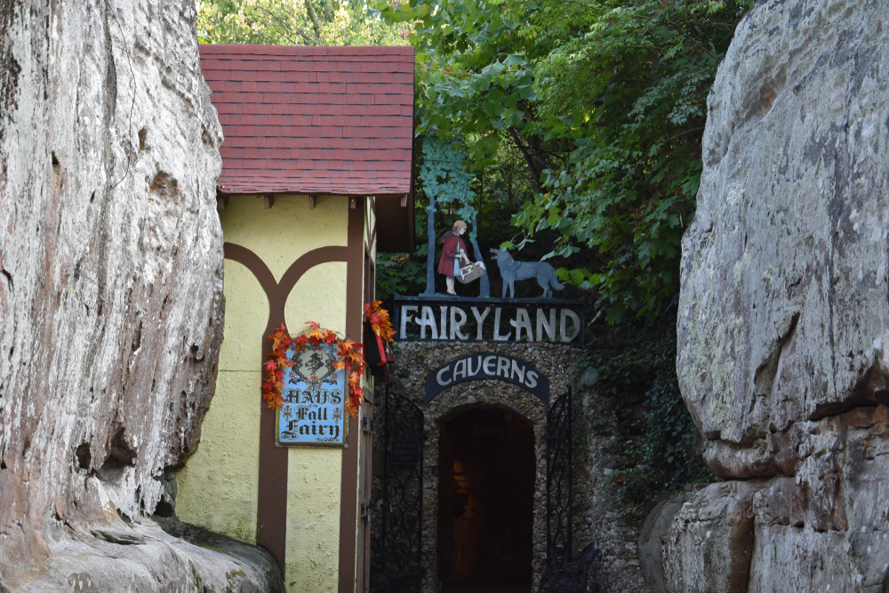 the entrance of the fairy tale canners. with European buildings a big sign. this is one of the best things to do in lookout mountain 
