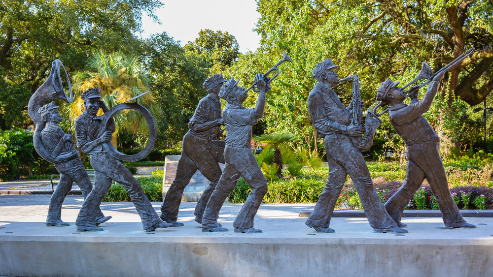 Line of statues depicting African American jazz musicians next to Congo Square in New Orleans.