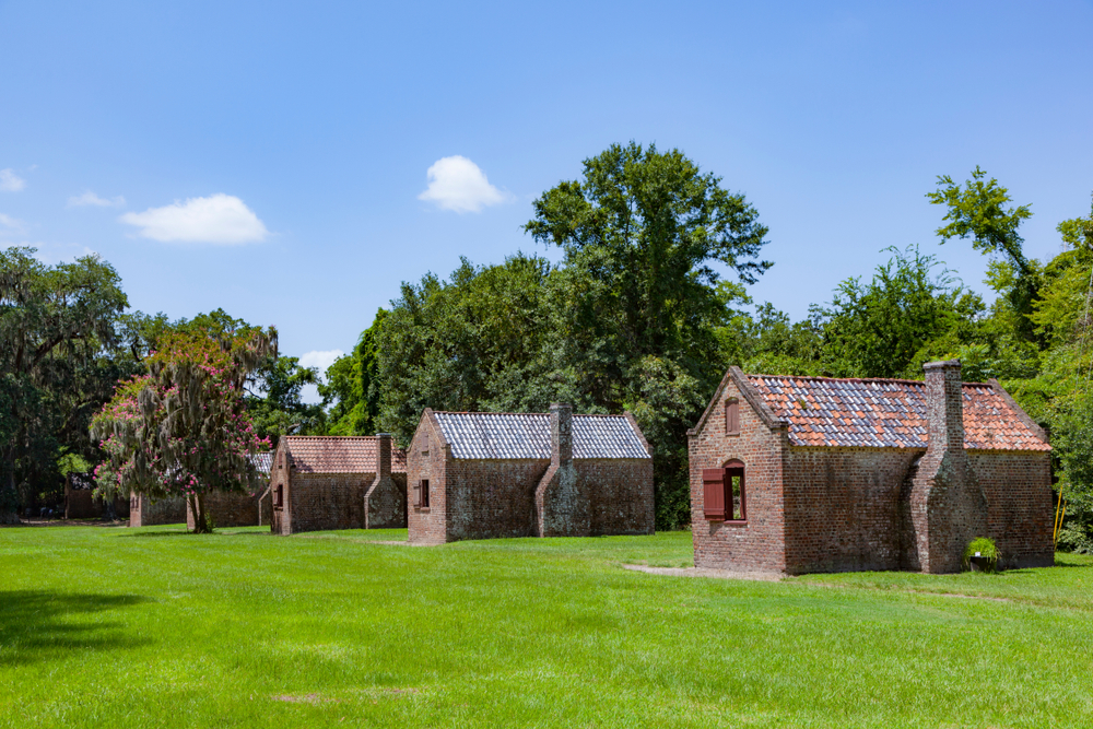 Old brick buildings for enslaved people at Boone Hall Plantation.