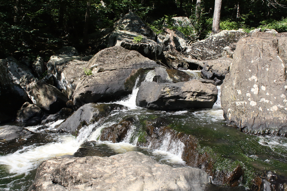 Large boulders in a river that make a small multi-level waterfall best waterfalls in Maryland