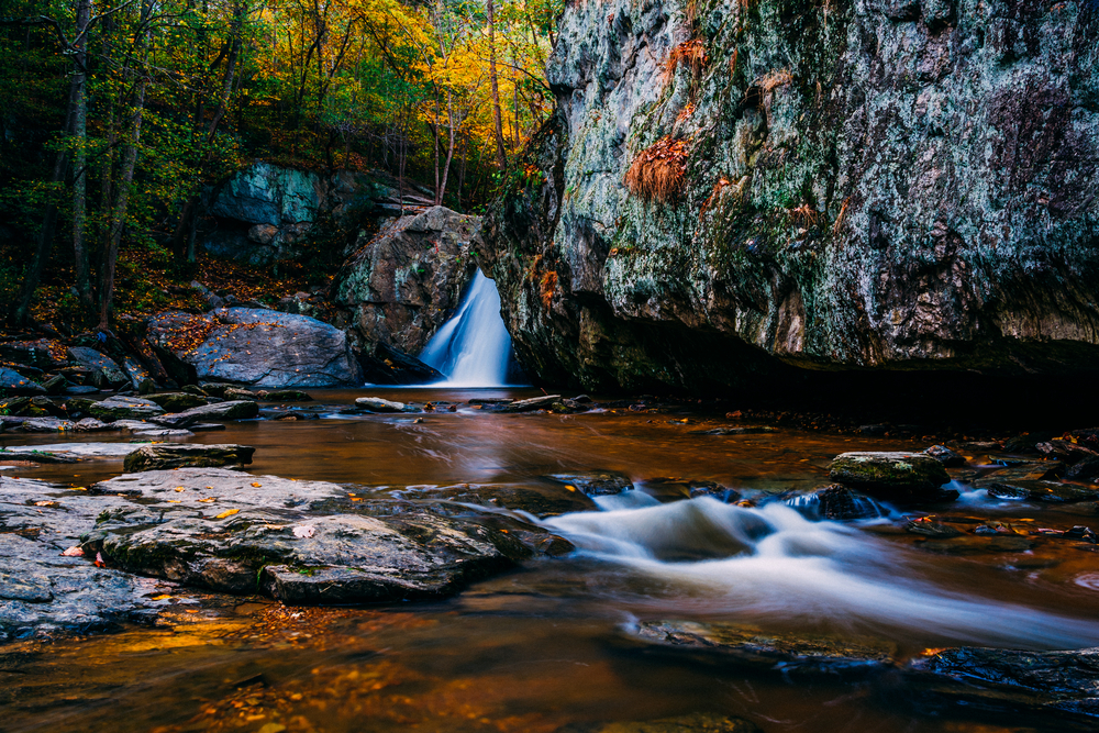 A wide view of a waterfall next to a huge boulder flowing into a pool of water. It is surrounded by dense woods with fall leaves best waterfalls in Maryland