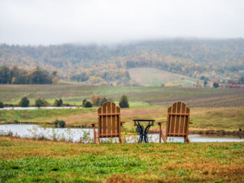 two wooden chairs sitting overlooking a valley in Harrisonburg VA