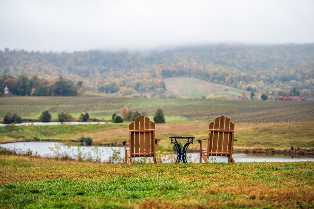 two wooden chairs on the edge of a vineyard in harrisonburg. they are sitting in front of a small stream with a view that goes on for miles 