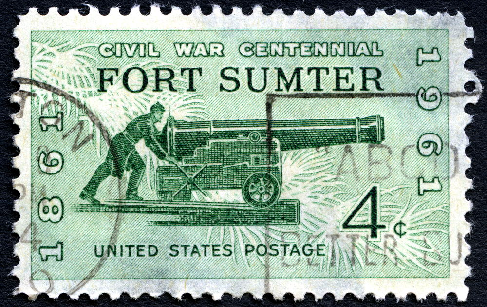 an old stamp of fort Sumter in green with a old cannon from the civil war 