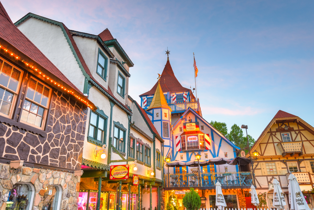 german inspired architecture in a small georgia town in the mountains, clear sky in the background