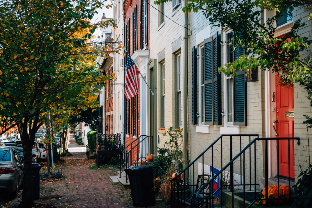 a row of brick houses, an american flag flies outside one of the houses, the sidewalk out front is stone and it is tree lined