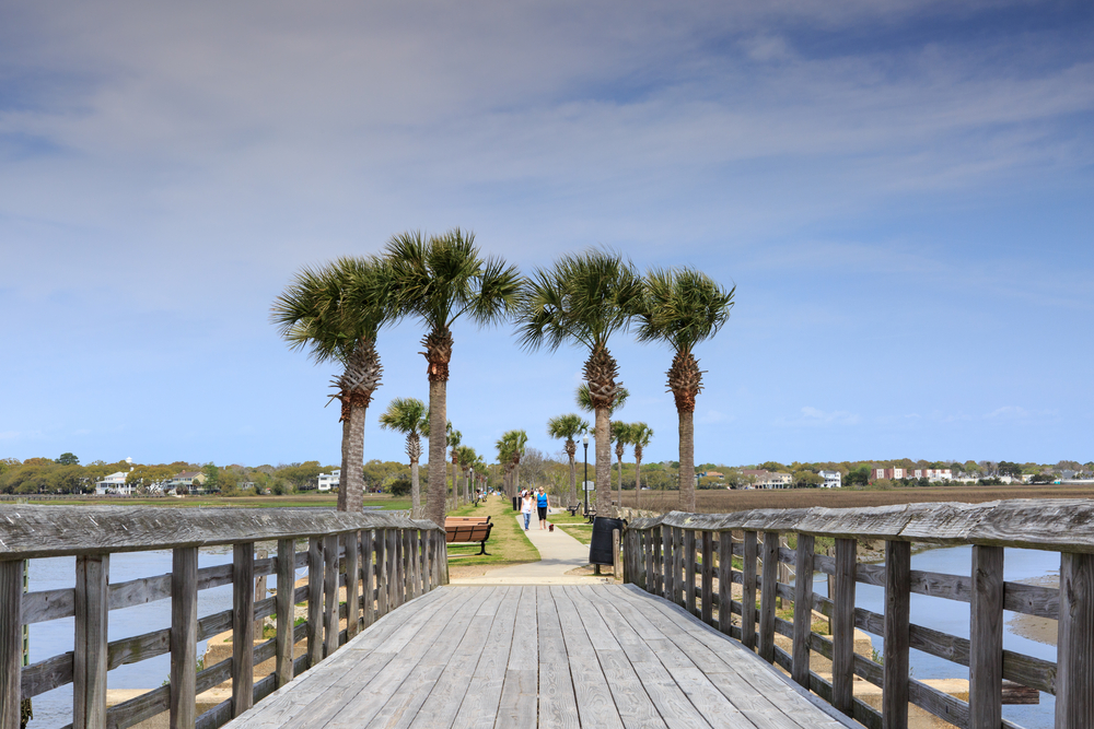 a wooden bridge over the water that leads to a paved walking trail that is lined with palm trees, people are walking on the trail 