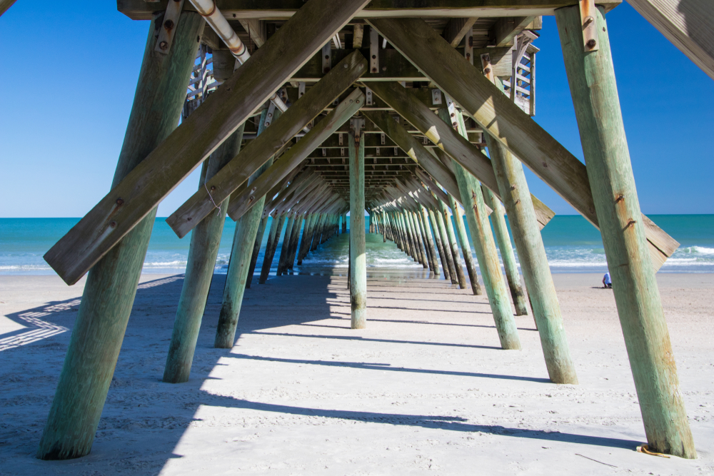 The view from under the pier looking towards the beach at Myrtle Beach State Park. 