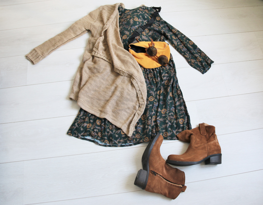 Dress, boots and cardigan flatlay