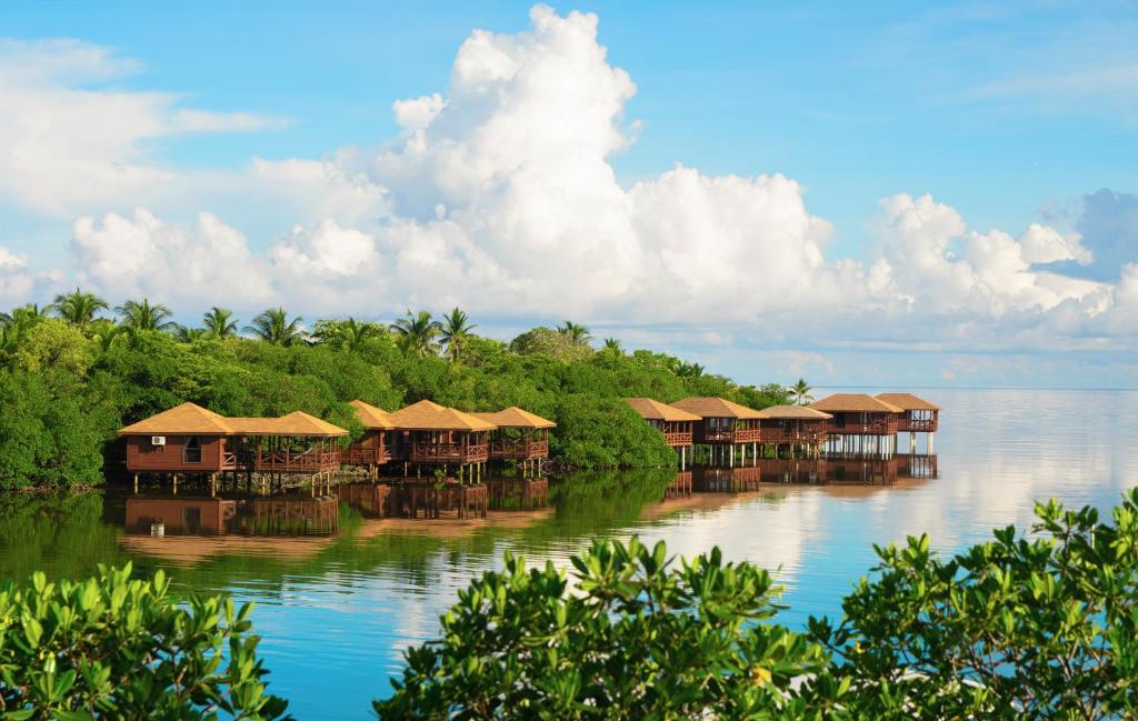 Bungalows lined up against the shore with trees behind. 