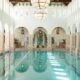 interior pool with arches and white walls with light coming in and making small squares on the water