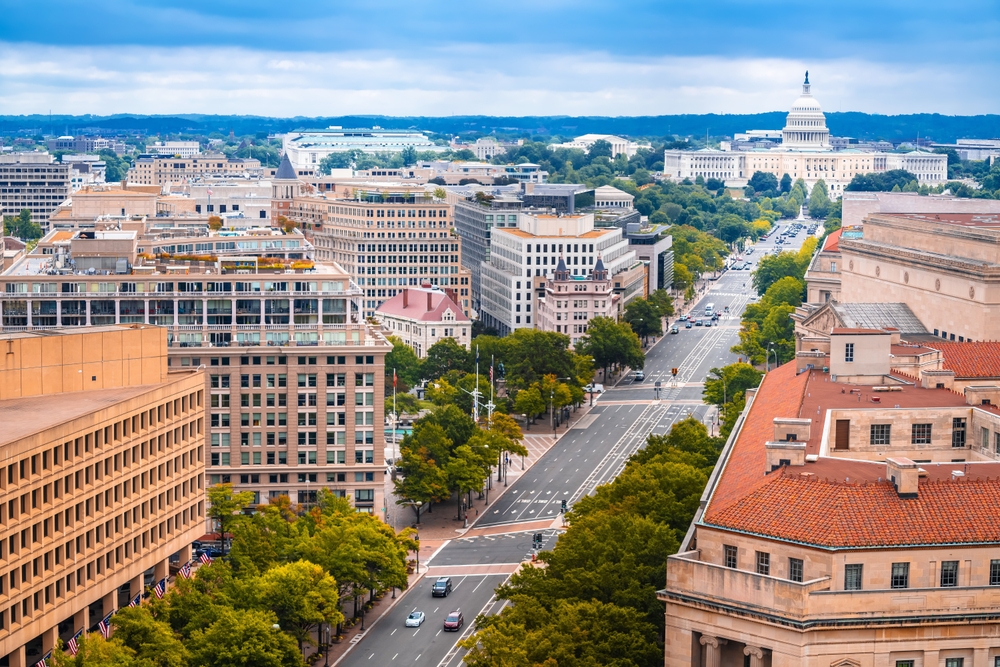 An overhead shot of D.C. shows famous monuments like the capital itself, but tons of buildings nestled together in a walkable area, filled with adventure. 