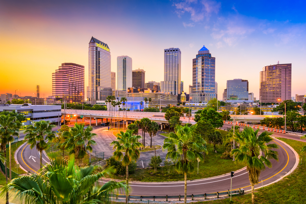 A skyline shot of Tampa shows the modern city with tall buildings, the green of its palm trees, the easy-to-navigate roads and more: this is one of the cheapest places to fly from Atlanta.