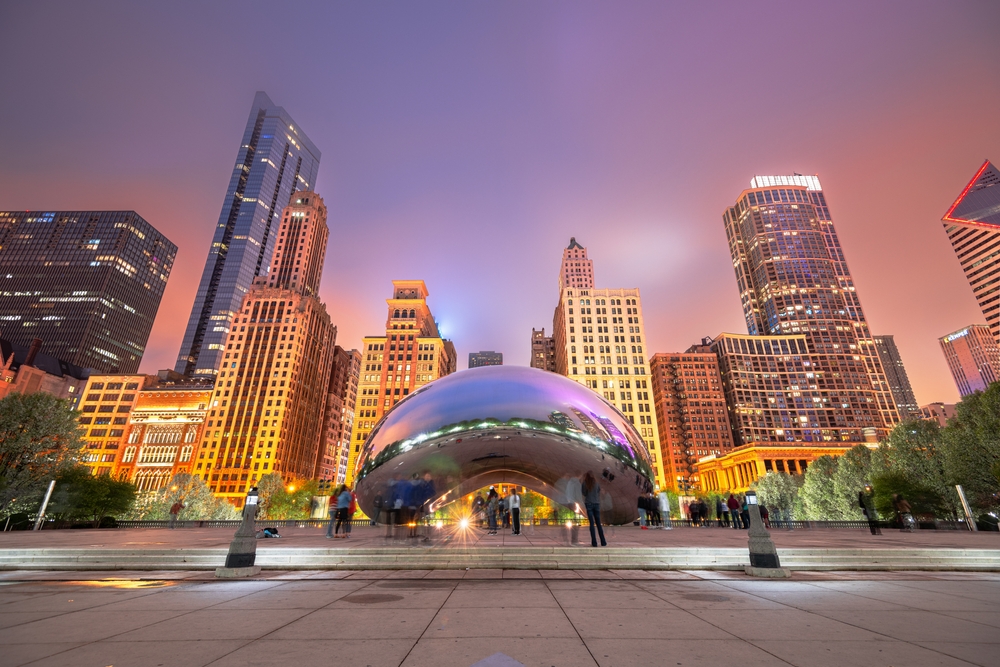 At dusk the city of Chicago begins to turn on the lights, a warm glow overcoming the buildings as they sit behind the famous bean. 