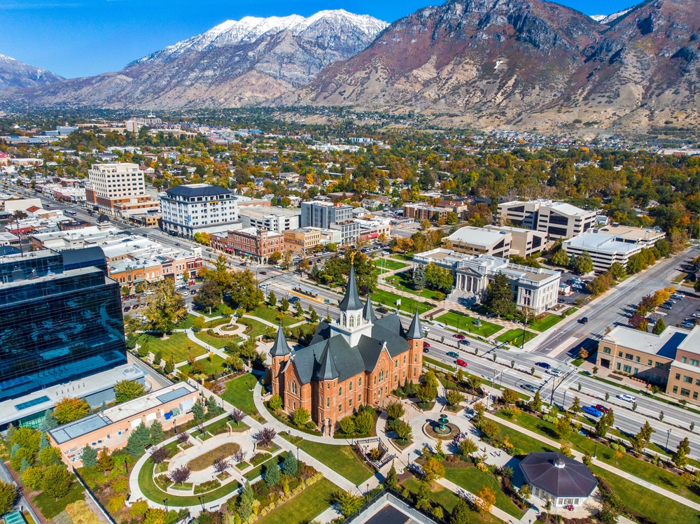 An aerial view of downtown provo Utah.