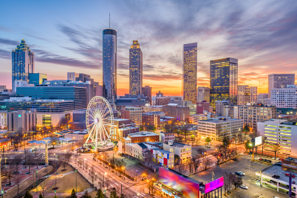 Atlanta, Georgia, USA downtown skyline. The article is about cheapest places to fly from Houston.