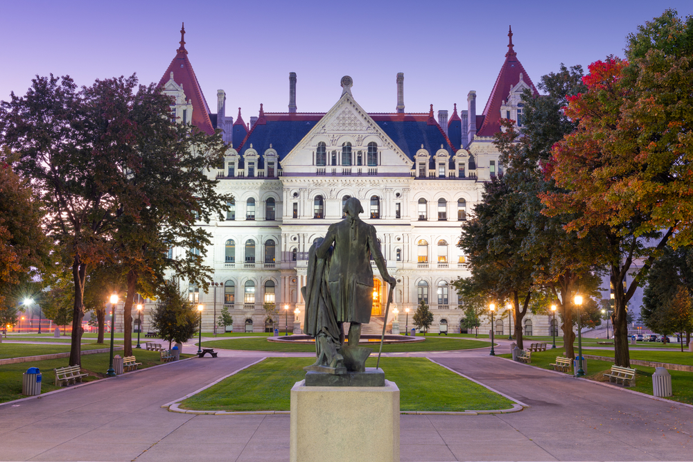 Albany, New York, USA at the New York State Capitol at twilight